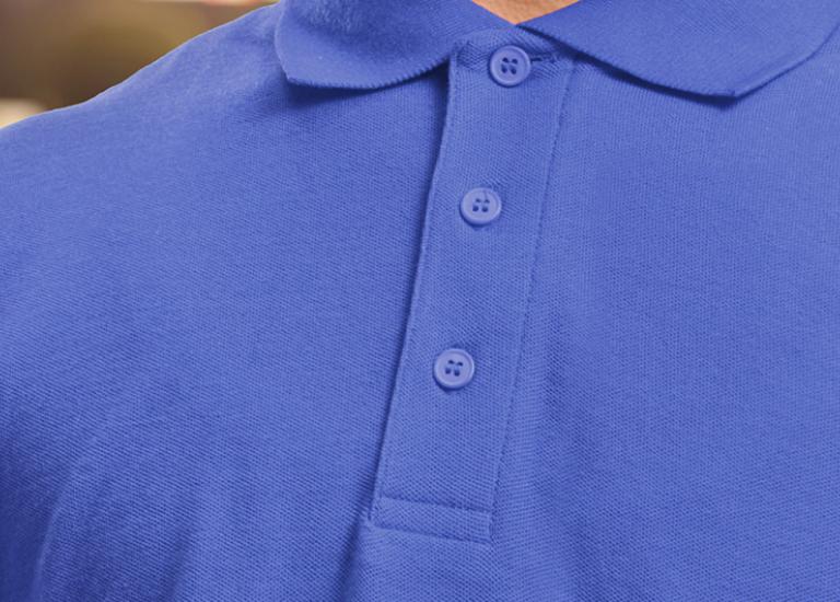 close-up of blue uniform polo shirt